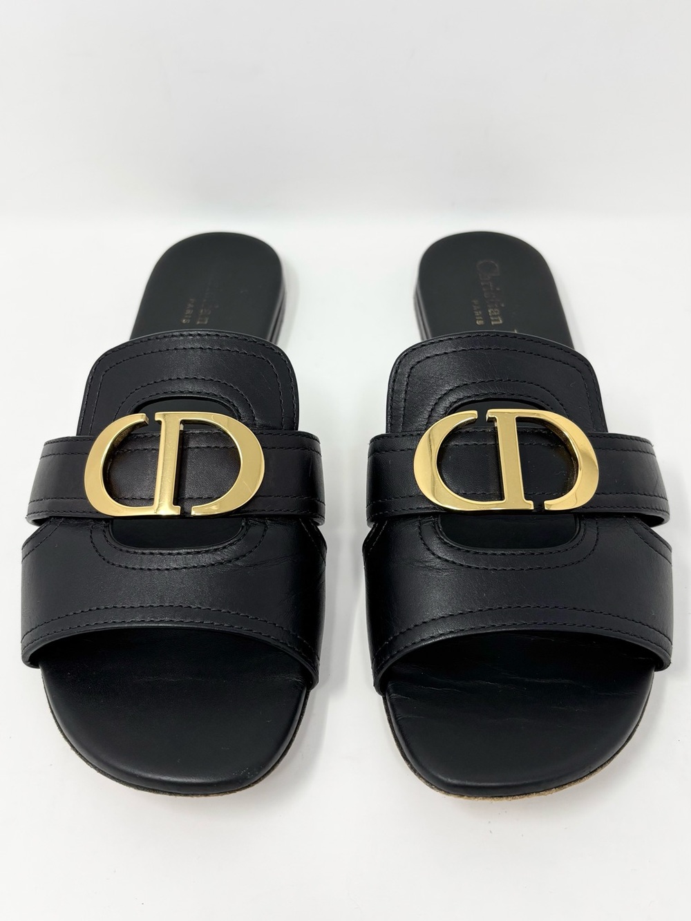 Dior 30 Montaigne Slides Black Calfskin Gold CD Logo Sandals Size 38 8 Authentic - Picture 5 of 15
